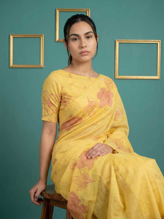 Yellow Muga Cotton Saree with Resham Weaving & Floral Pencil Art