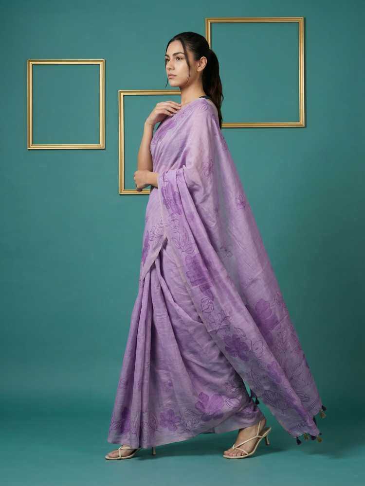 Lavender Muga Cotton Saree with Resham Weaving & Floral Pencil Art - House of ViDi