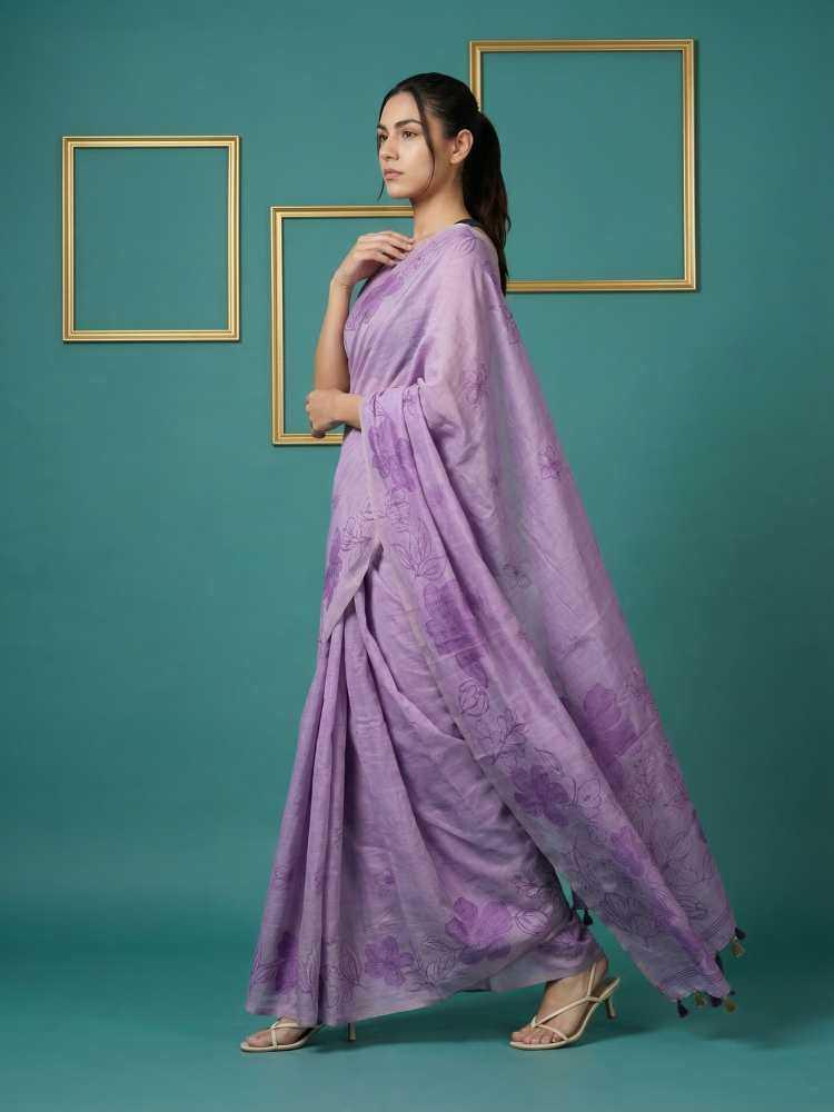 Lavender Muga Cotton Saree with Resham Weaving & Floral Pencil Art - House of ViDi