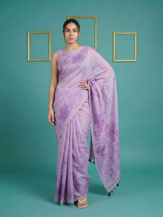 Lavender Muga Cotton Saree with Resham Weaving & Floral Pencil Art - House of ViDi