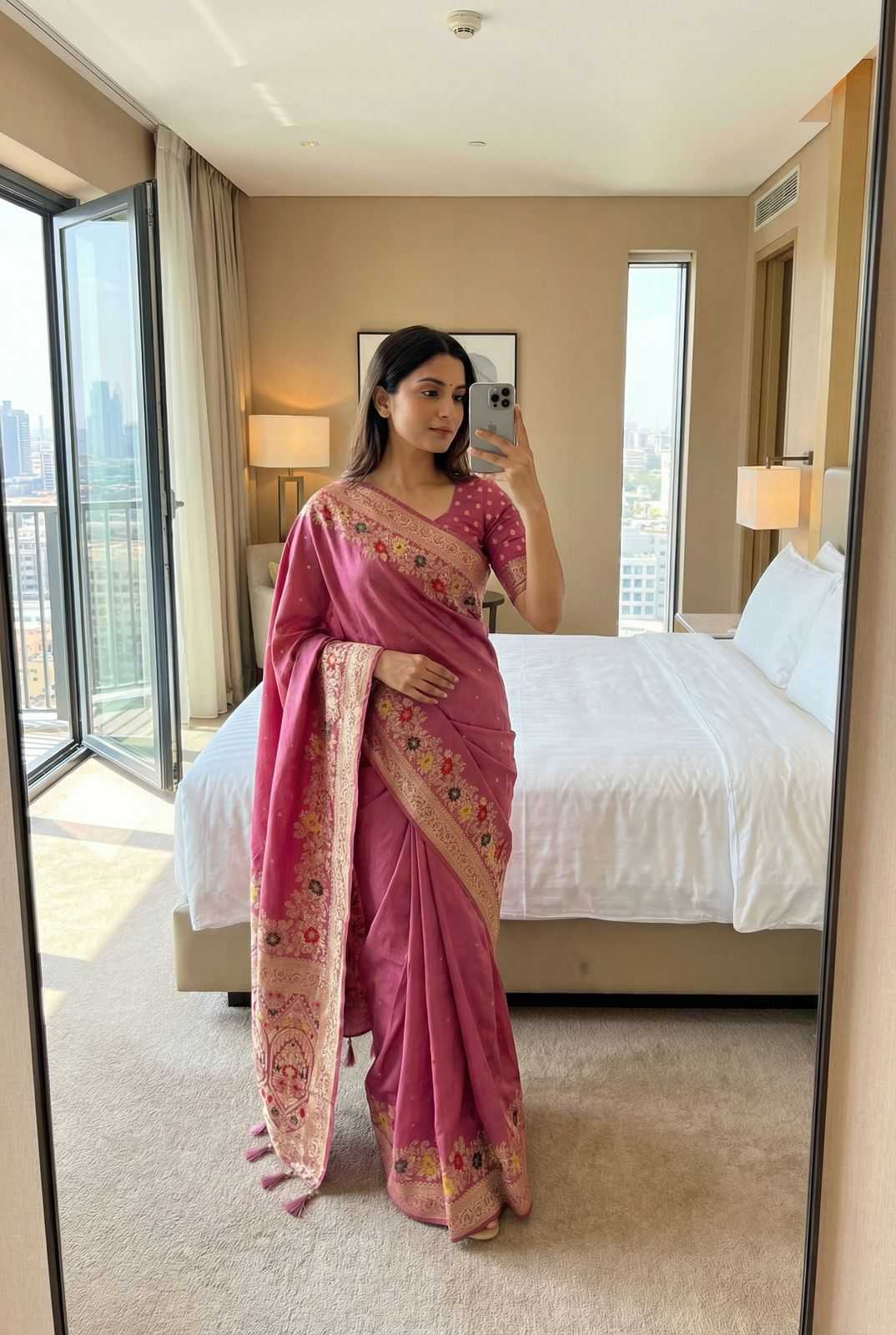 Onion Soft Dola Silk Zari Weaving Saree