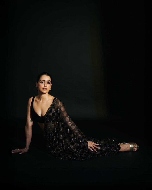 Sanya Malhotra Inspired Black Sequins Faux Georgette Designer Saree - House of ViDi