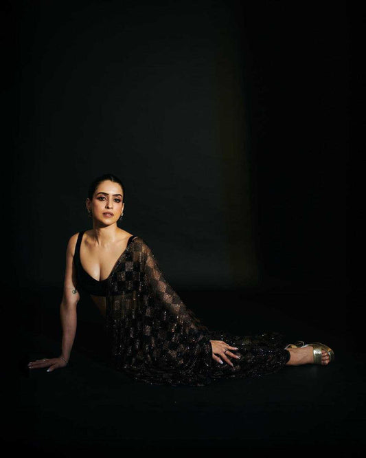 Sanya Malhotra Inspired Black Sequins Faux Georgette Designer Saree - House of ViDi