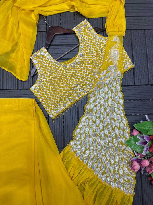 Mustard Ready-to-Wear Heavy Georgette Saree with Embroidered Sequin Blouse