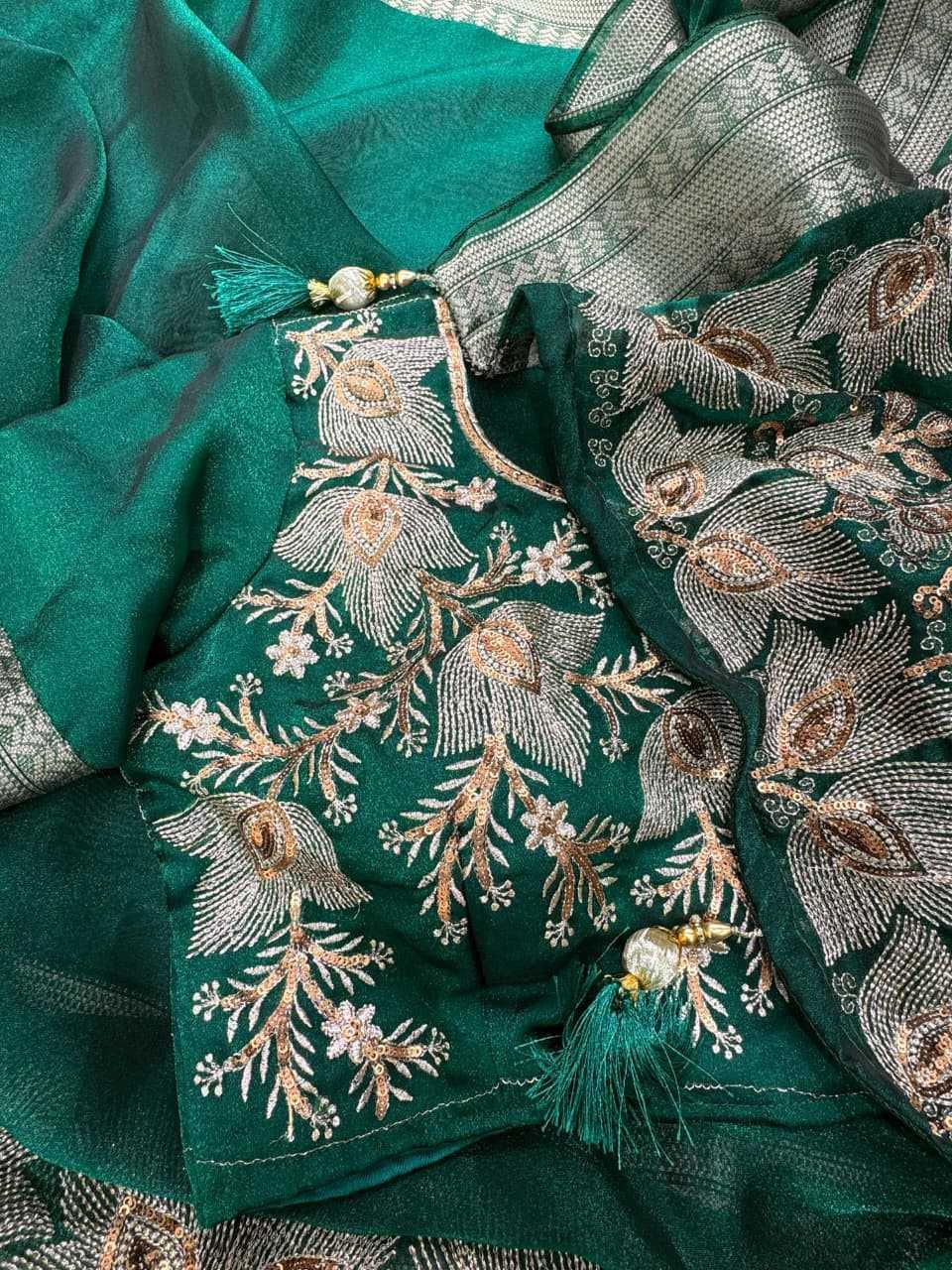 Green Fendy Silk Dual Zari Embroidered Designer Party Wear Saree with Tassel Pallu - House of ViDi