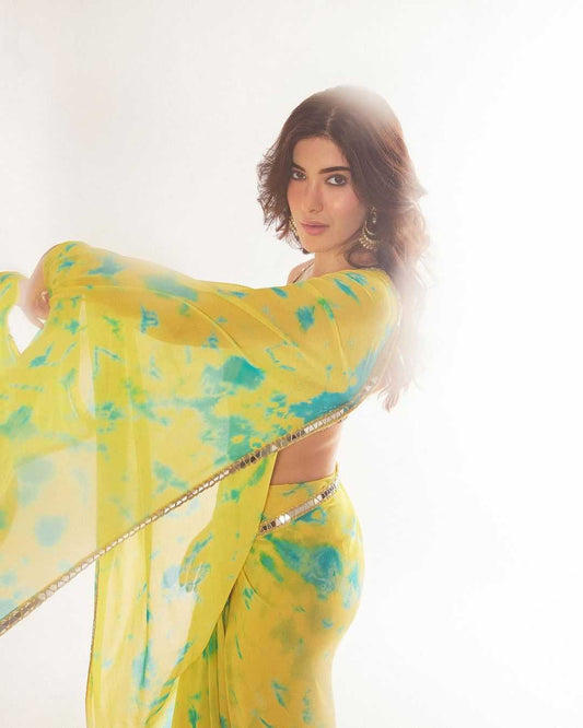 Yellow Designer Georgette Saree with Digital Floral Print & Sequins Embroidered Ready Blouse