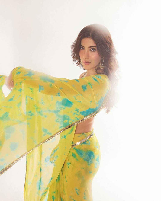 Yellow Designer Georgette Saree with Digital Floral Print & Sequins Embroidered Ready Blouse