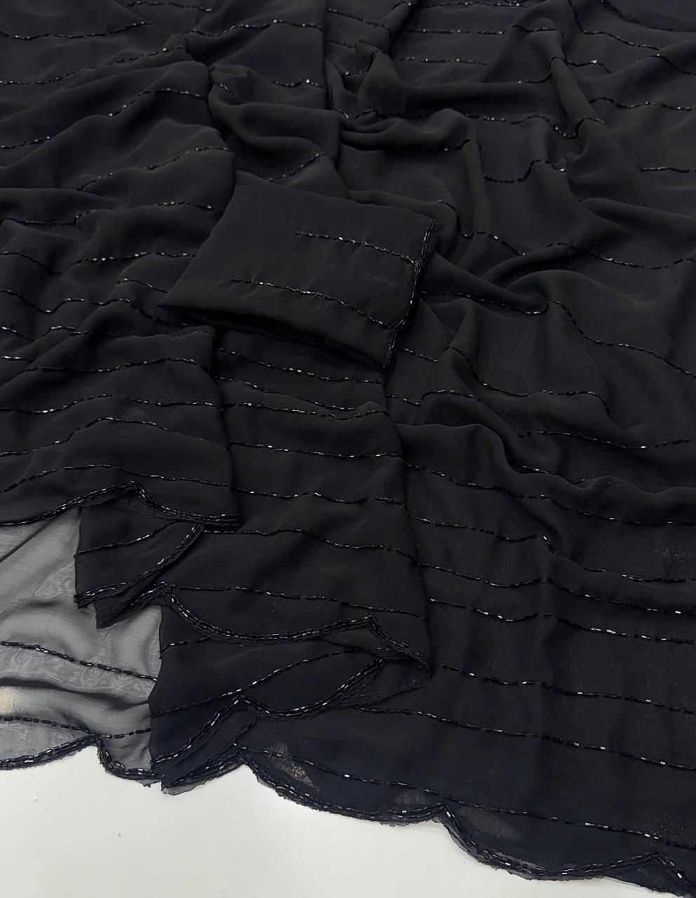 Black Georgette Saree with Khatli Cut Dana & Diamond Handwork - House of ViDi