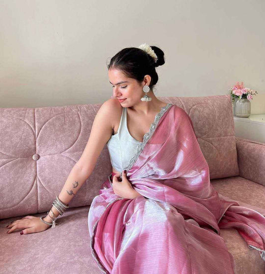 Blush Pink Jimmy Choo Saree with Silver Lace Border & Designer Sequin Blouse - House of ViDi