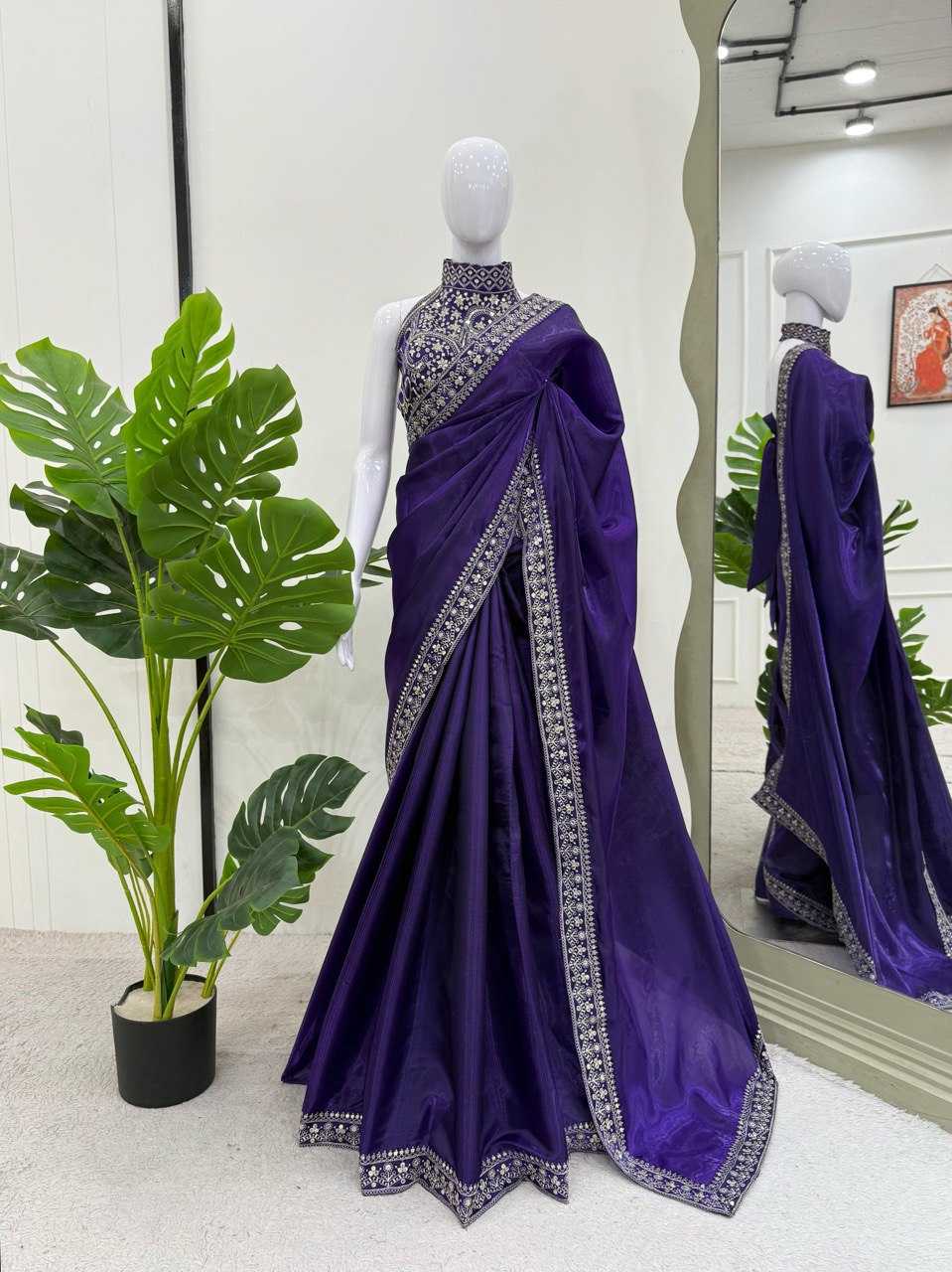 Ananya Pandey Purple Jimmy Choo Saree with Thread & Sequin Embroidery – Designer Party Wear - House of ViDi