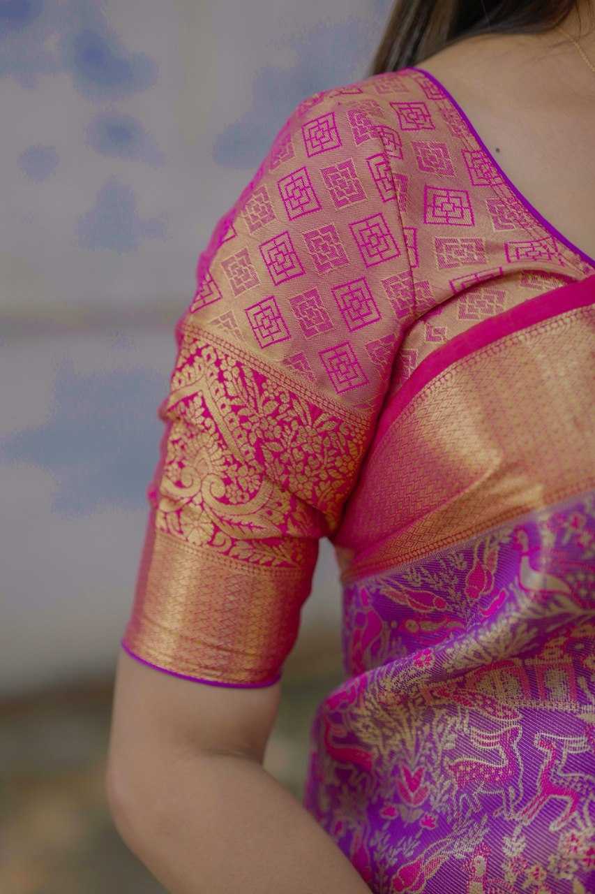 Purple Kanjivaram Silk Bridal Saree with Zari Weaving & Rich Pallu - House of ViDi