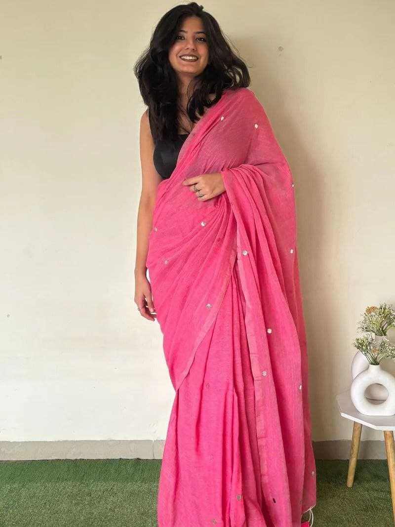 Pink Khadi Cotton Mirror Work Saree