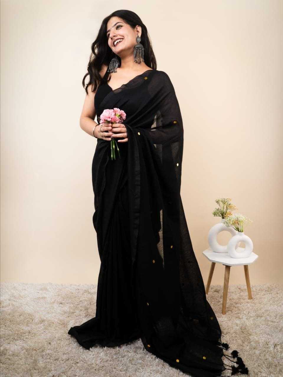 Black Khadi Cotton Mirror Work Saree