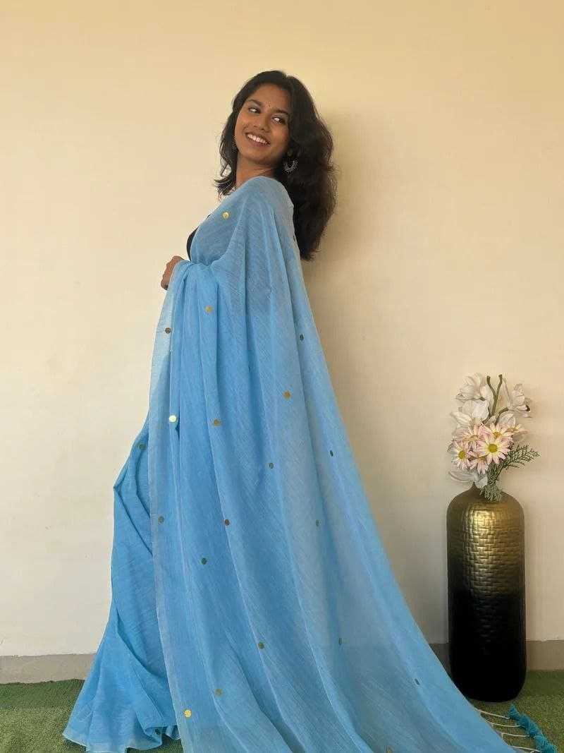 Sky Blue Khadi Cotton Mirror Work Saree