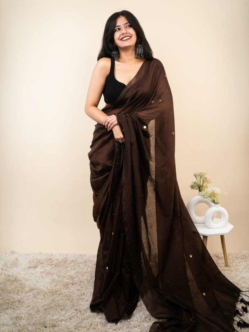 Brown Khadi Cotton Mirror Work Saree