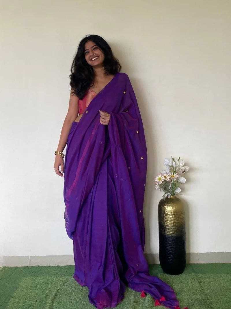 Purple Khadi Cotton Mirror Work Saree