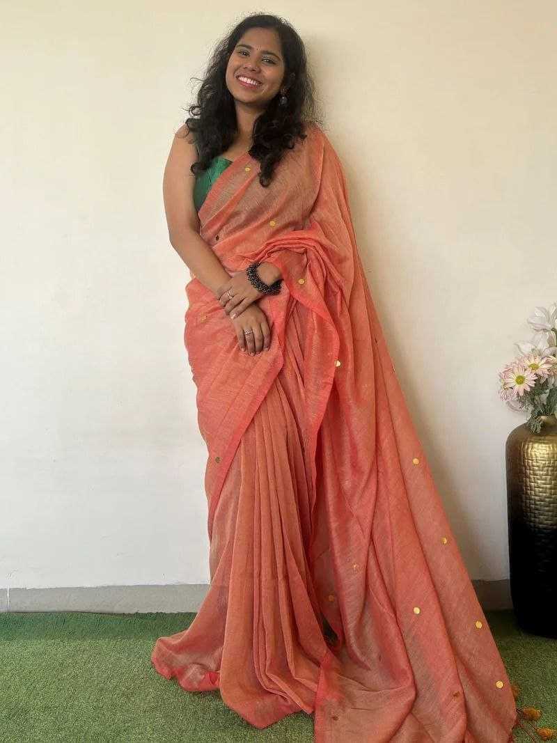 Peach Khadi Cotton Mirror Work Saree