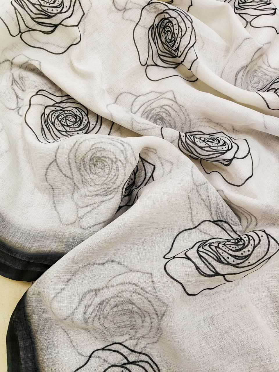 White Printed Linen Saree with Digital Design