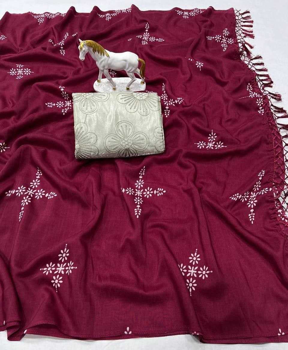 Maroon Pure Muslin Cotton Silk Designer Saree