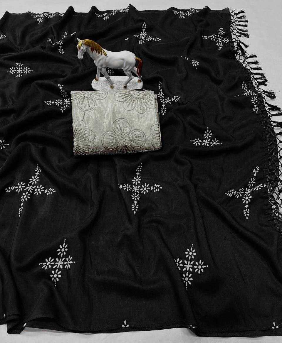 Black Pure Muslin Cotton Silk Designer Saree