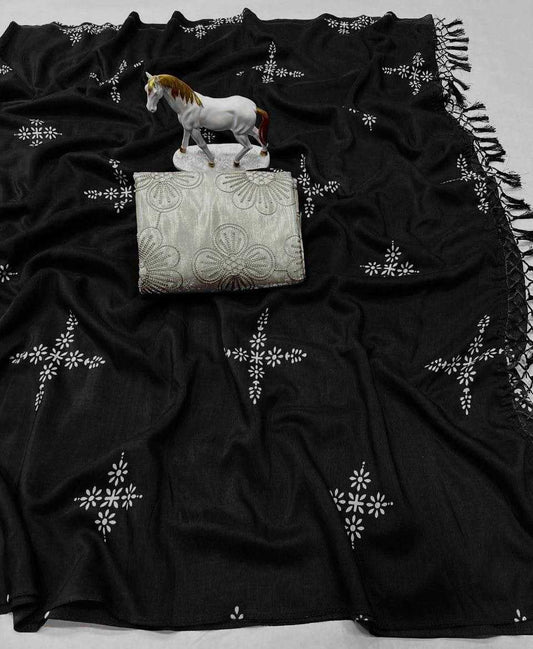 Black Pure Muslin Cotton Silk Designer Saree