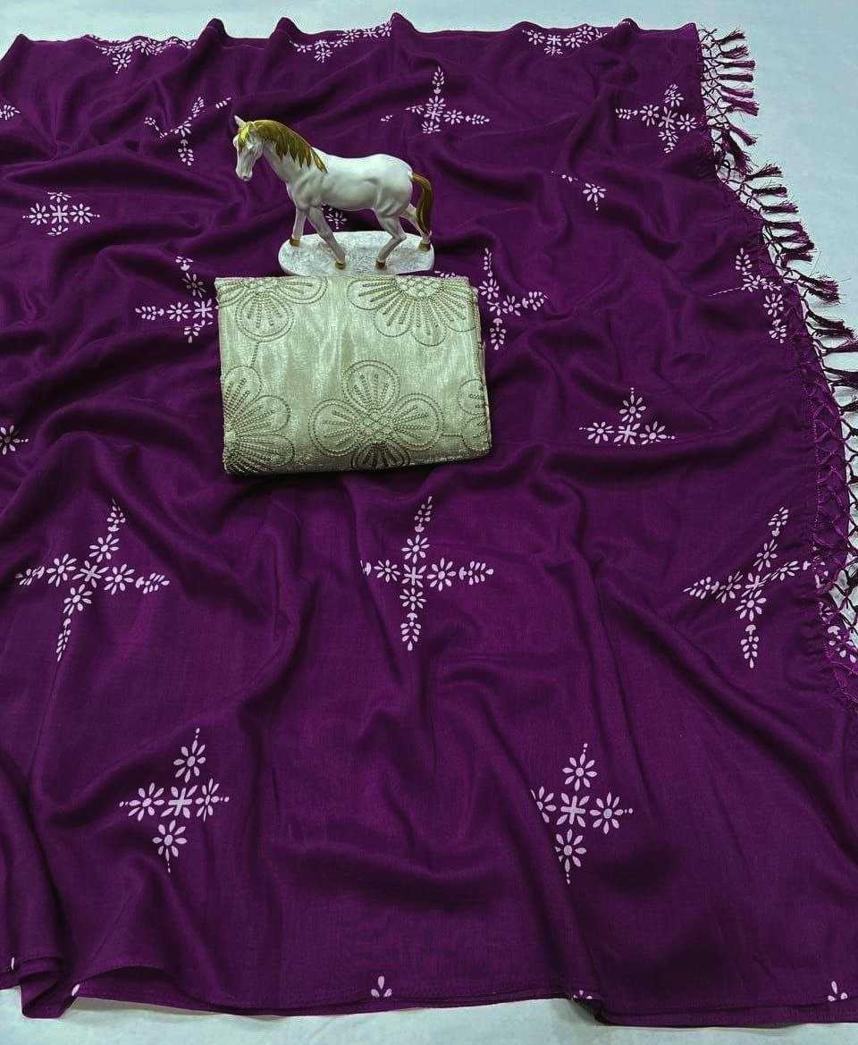 Purple Pure Muslin Cotton Silk Designer Saree