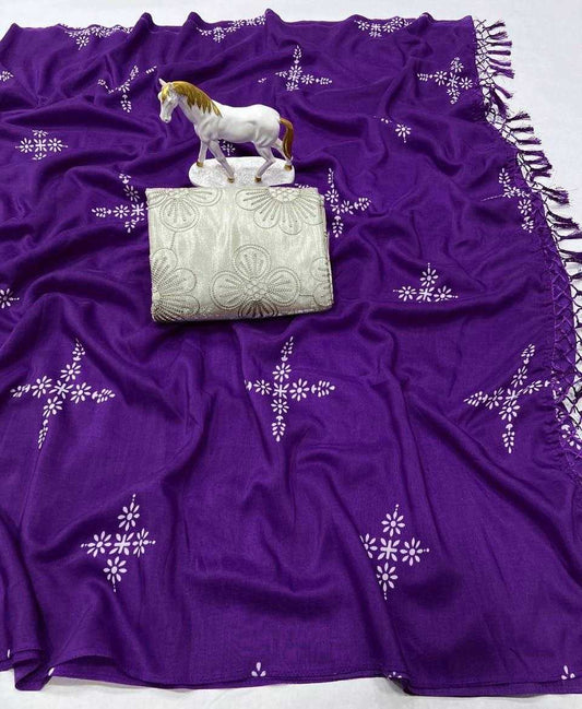 Lavender Pure Muslin Cotton Silk Designer Saree