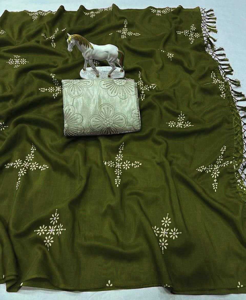 Algae Green Pure Muslin Cotton Silk Designer Saree
