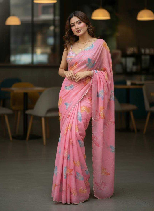 Soft Organza Floral Print Saree with Cut Dana Handwork