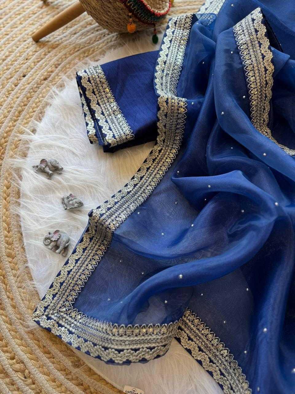 Blue Organza Silk Saree with Beads & Sequin Embellishments – Designer Party Wear - House of ViDi