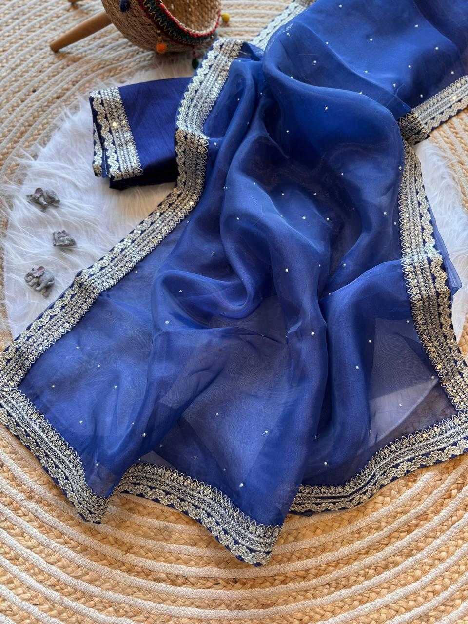 Blue Organza Silk Saree with Beads & Sequin Embellishments – Designer Party Wear - House of ViDi