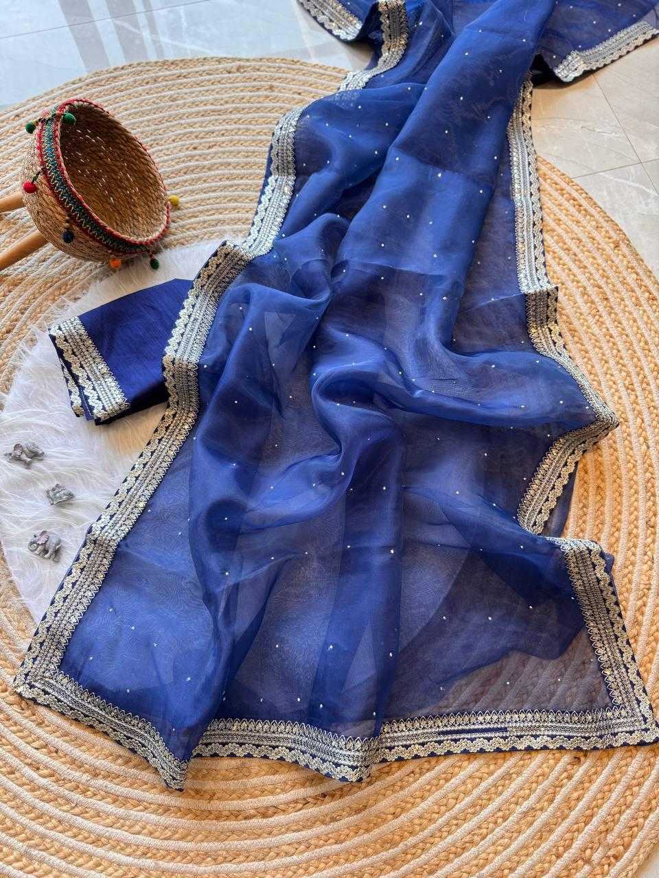 Blue Organza Silk Saree with Beads & Sequin Embellishments – Designer Party Wear - House of ViDi