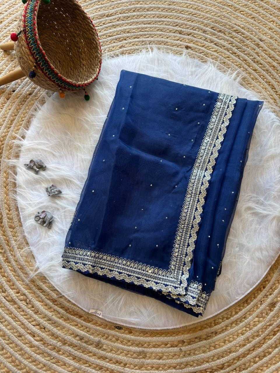 Blue Organza Silk Saree with Beads & Sequin Embellishments – Designer Party Wear - House of ViDi