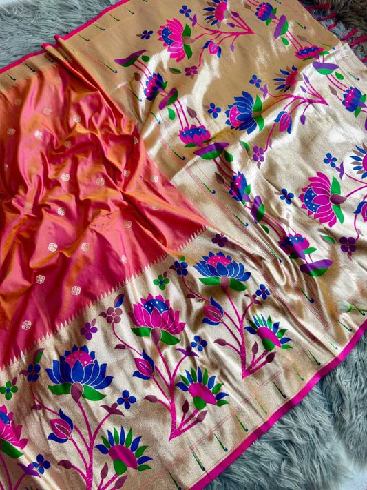 Peach Royal Lotus Peacock Paithani Silk Saree with Grand Zari Pallu - House of ViDi