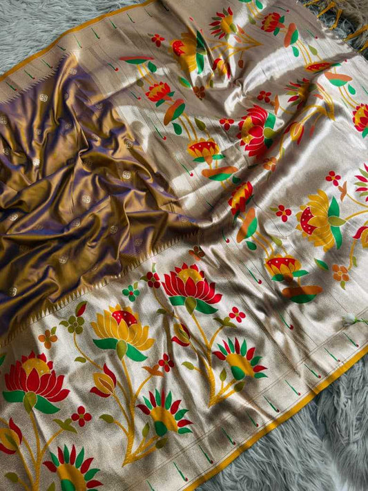 Coffee Royal Lotus Peacock Paithani Silk Saree with Grand Zari Pallu - House of ViDi