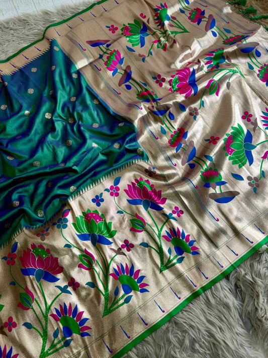Bottle Green Royal Lotus Peacock Paithani Silk Saree with Grand Zari Pallu - House of ViDi