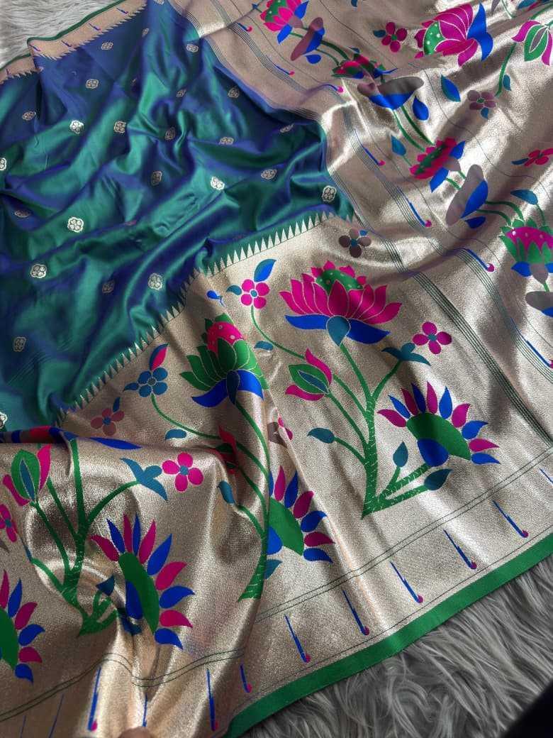 Bottle Green Royal Lotus Peacock Paithani Silk Saree with Grand Zari Pallu - House of ViDi