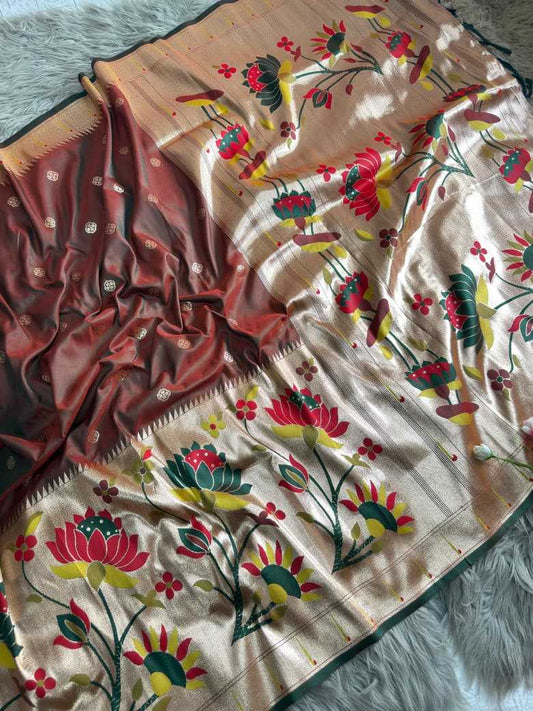 Brown Royal Lotus Peacock Paithani Silk Saree with Grand Zari Pallu - House of ViDi