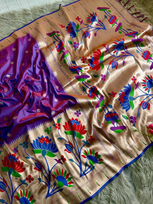 Purple Royal Lotus Peacock Paithani Silk Saree with Grand Zari Pallu - House of ViDi