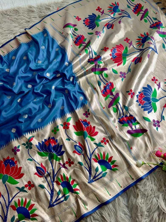 Blue Royal Lotus Peacock Paithani Silk Saree with Grand Zari Pallu - House of ViDi