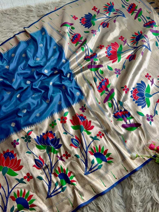 Blue Royal Lotus Peacock Paithani Silk Saree with Grand Zari Pallu - House of ViDi