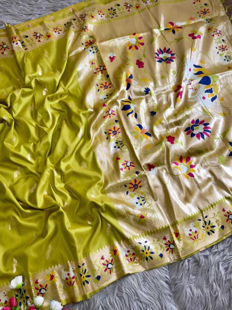 Yellow Royal Peacock Butti Paithani Silk Saree with Traditional Zari Border - House of ViDi
