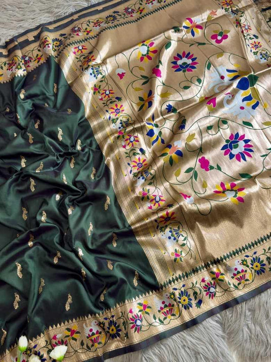Forest Green Royal Peacock Butti Paithani Silk Saree with Traditional Zari Border - House of ViDi