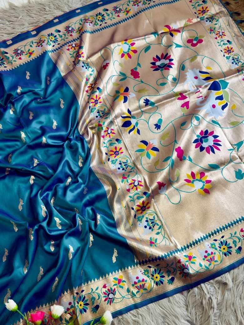 Blue Royal Peacock Butti Paithani Silk Saree with Traditional Zari Border - House of ViDi