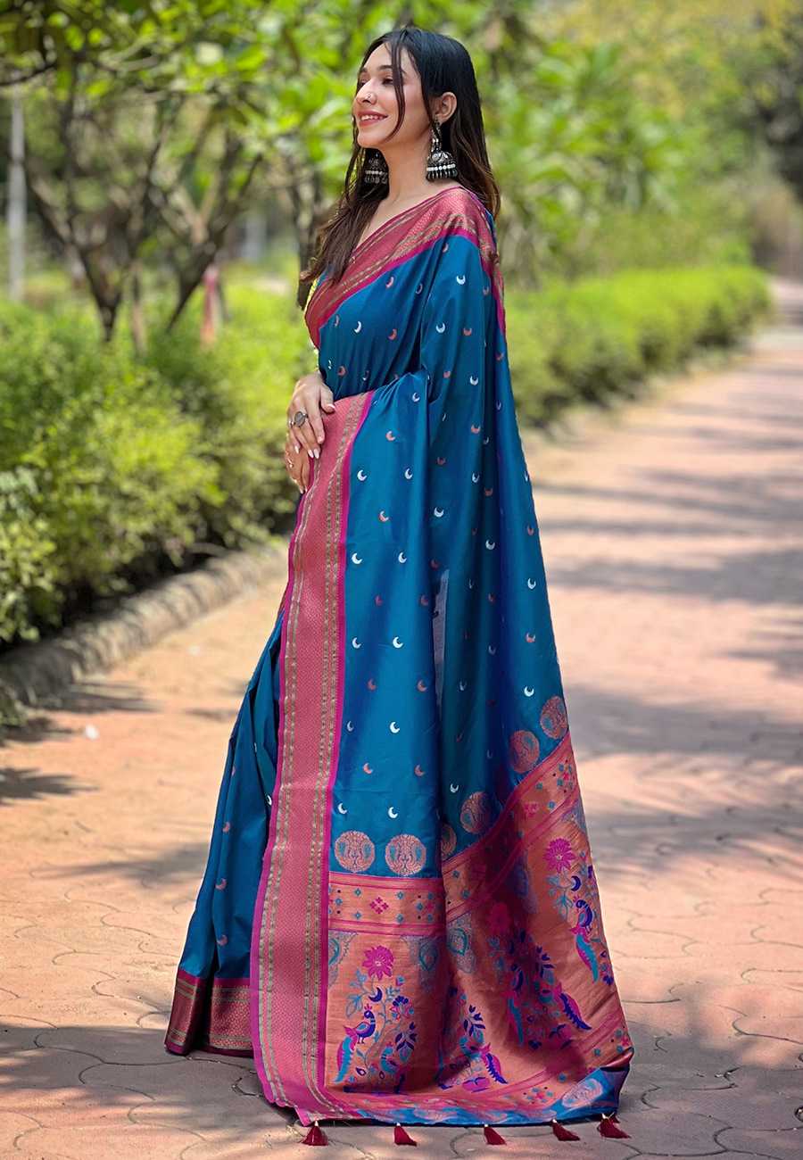 Designer Chandrakor Paithani Saree | Contrast Zari Border & Meenakari Pallu ✨ | Perfect for Weddings & Traditional Ceremonies (Blue) - House of ViDi