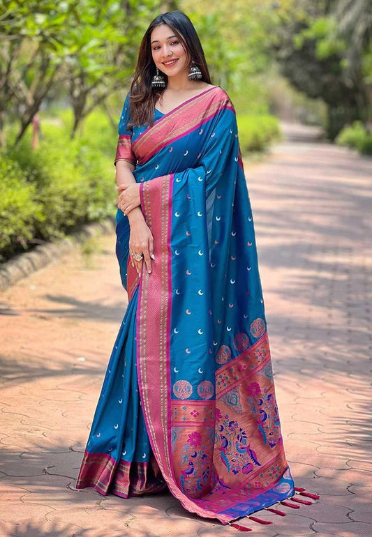 Designer Chandrakor Paithani Saree | Contrast Zari Border & Meenakari Pallu ✨ | Perfect for Weddings & Traditional Ceremonies (Blue) - House of ViDi