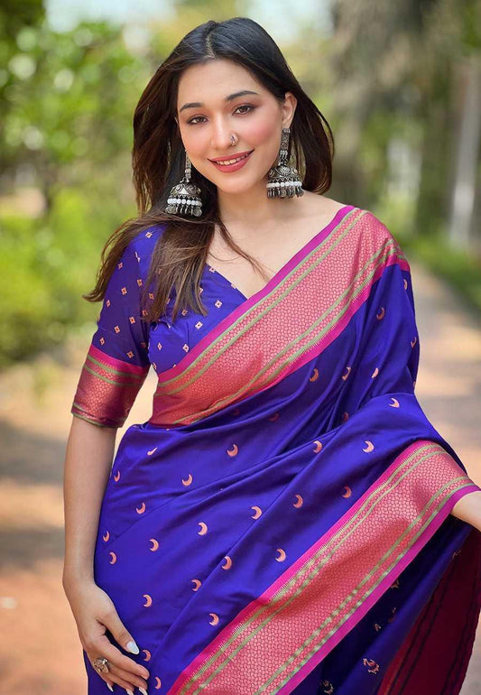 Designer Chandrakor Paithani Saree | Contrast Zari Border & Meenakari Pallu ✨ | Perfect for Weddings & Traditional Ceremonies (Violet) - House of ViDi