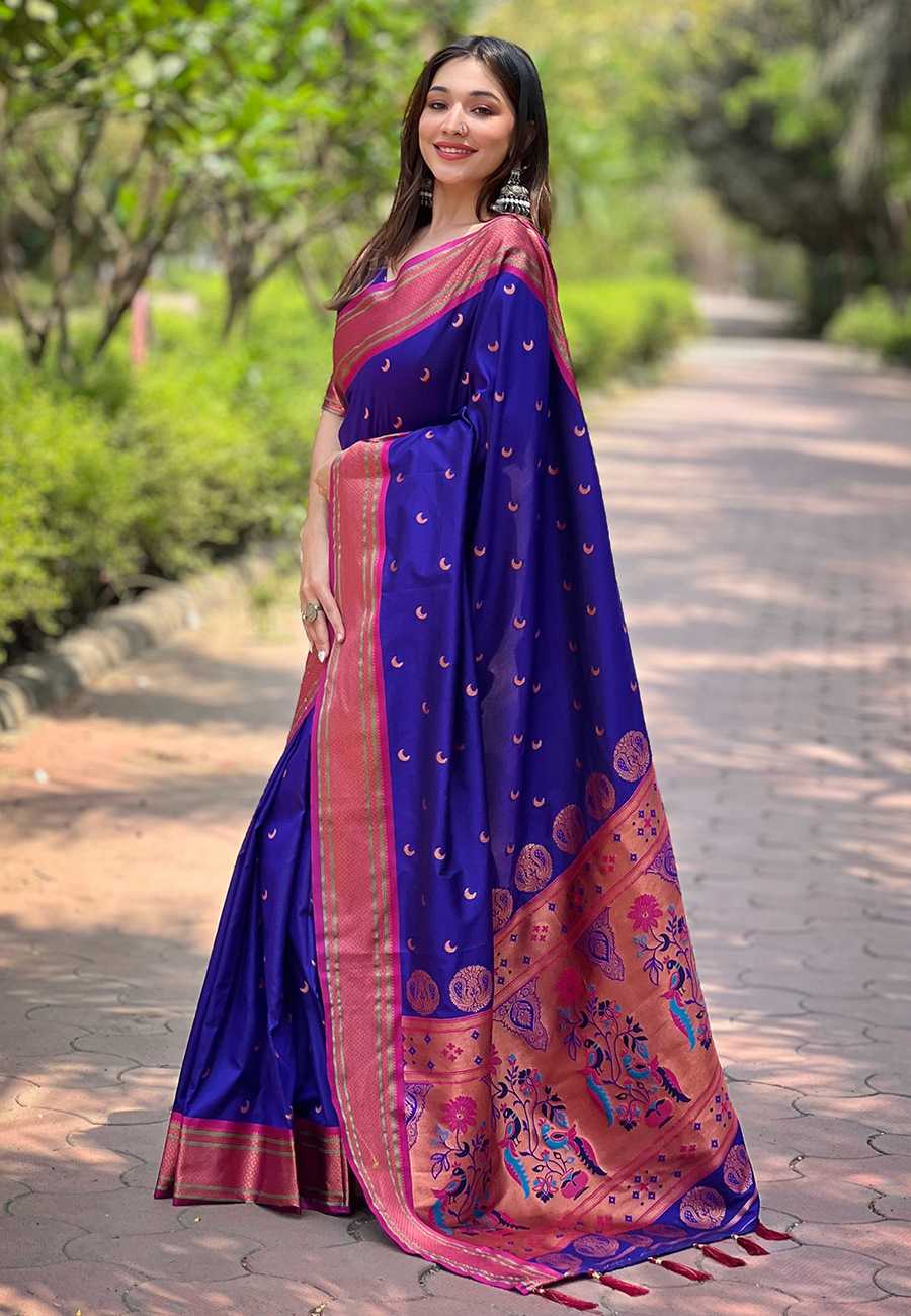 Designer Chandrakor Paithani Saree | Contrast Zari Border & Meenakari Pallu ✨ | Perfect for Weddings & Traditional Ceremonies (Violet)