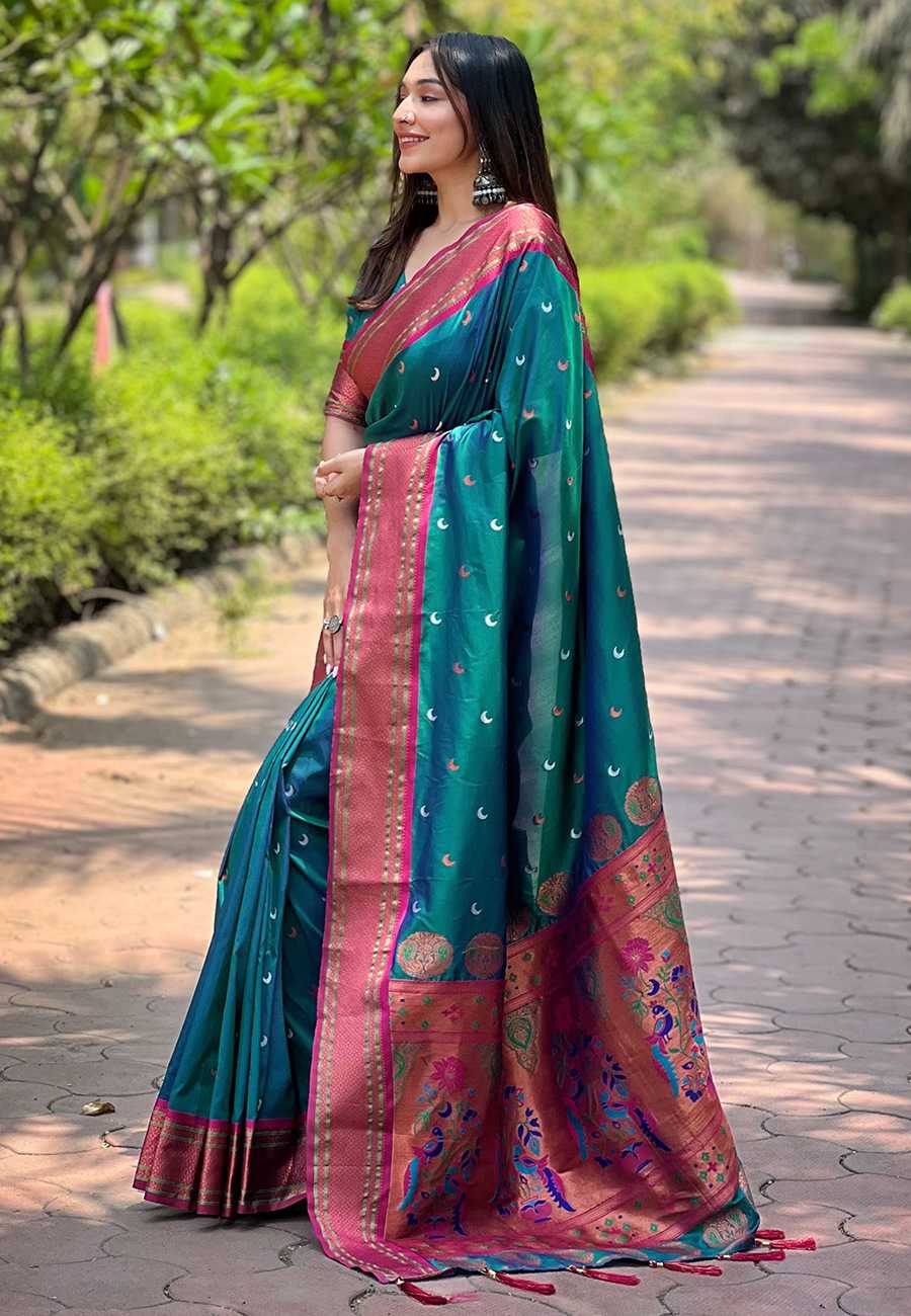 Designer Chandrakor Paithani Saree | Contrast Zari Border & Meenakari Pallu ✨ | Perfect for Weddings & Traditional Ceremonies (Dark Green) - House of ViDi