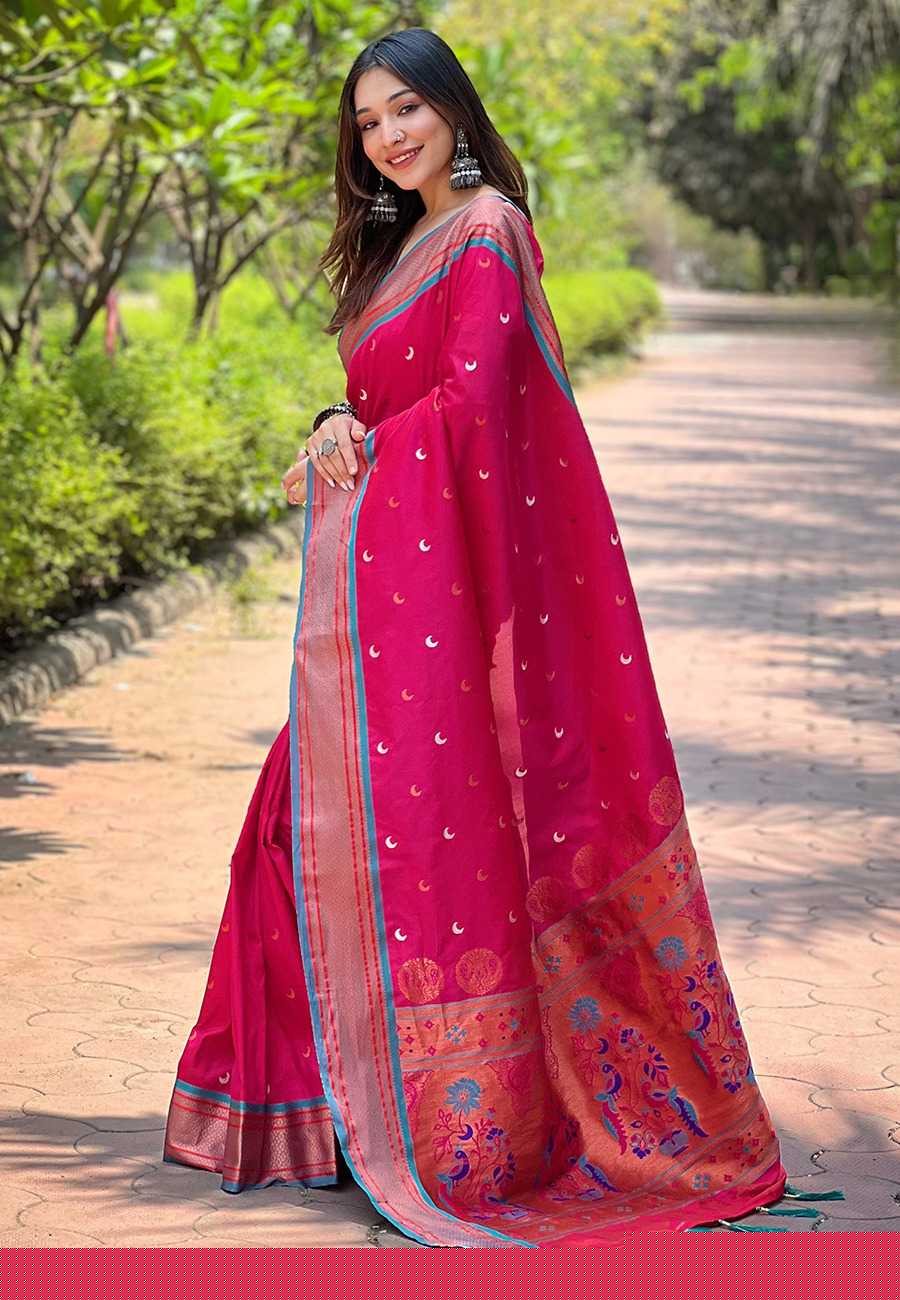 Designer Chandrakor Paithani Saree | Contrast Zari Border & Meenakari Pallu ✨ | Perfect for Weddings & Traditional Ceremonies (Pink) - House of ViDi